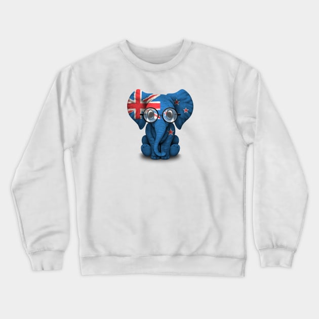 Baby Elephant with Glasses and New Zealand Flag Crewneck Sweatshirt by jeffbartels